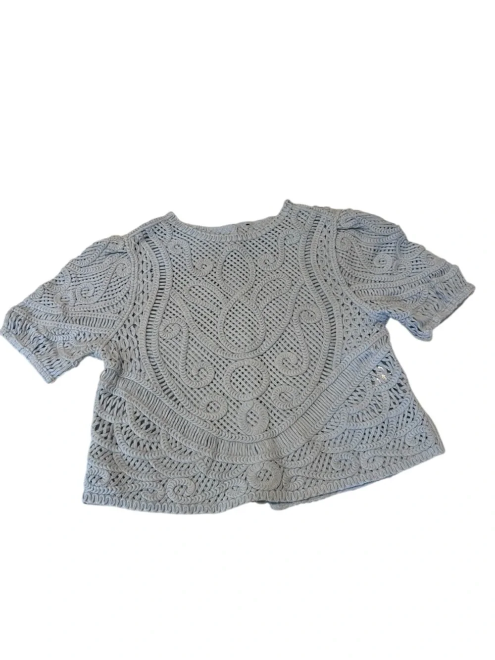 WHBM White House Black Market Blue Crochet Top Puff Sleeve Open Knit Cottagecore - Picture 6 of 14